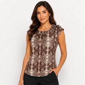 7th Avenue NY&CO Blouse XS Brown Snakeskin Print Shoulder Tie Cap Sleeve Office